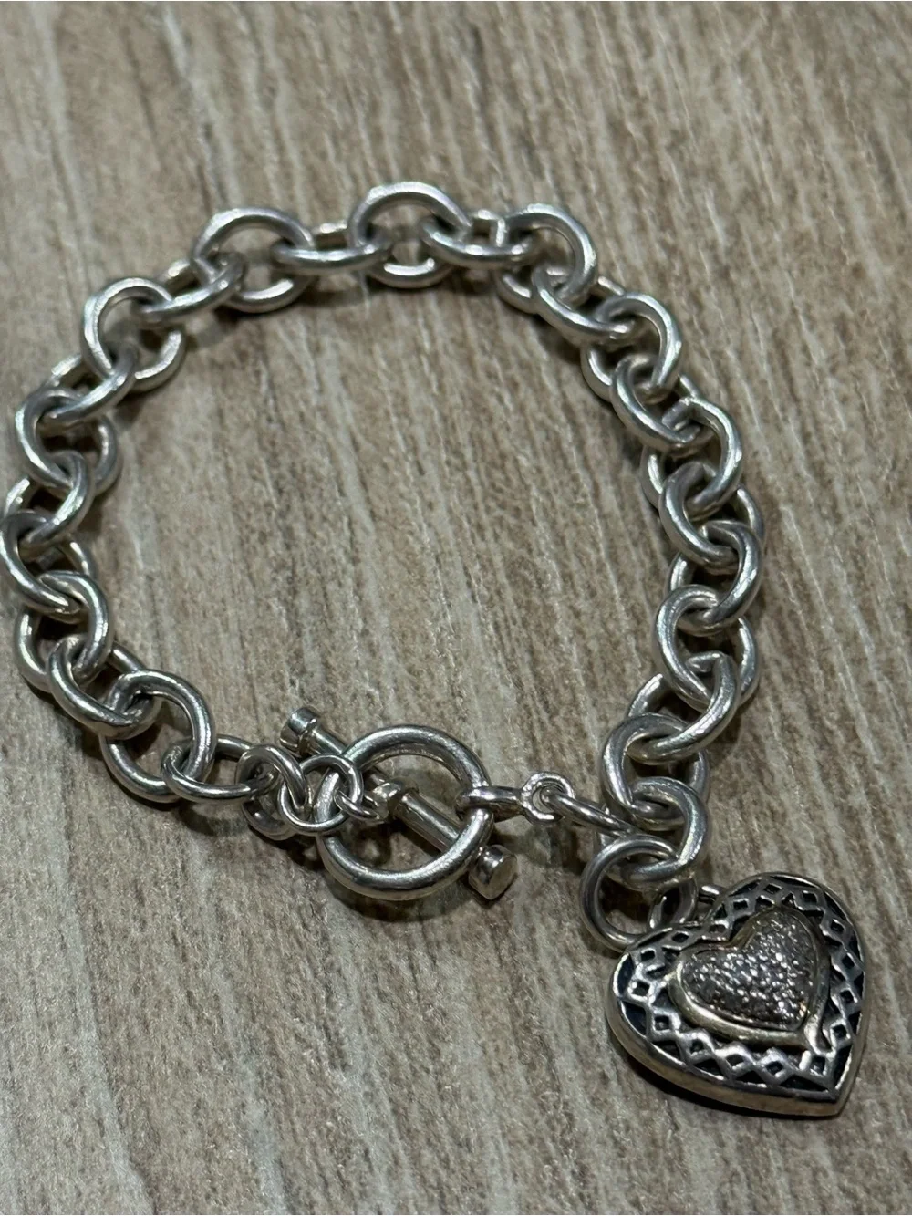 Judith Jack Heart Toggle Bracelet 925 Sterling Silver Diamond 14K Gold Vintage